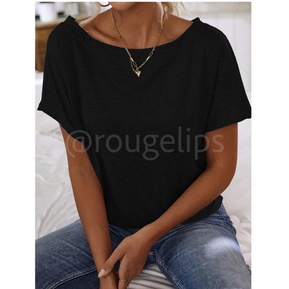 Boat Neck Batwing Sleeve Black Tee Shirt Short Sleeve - Picture 2 of 9